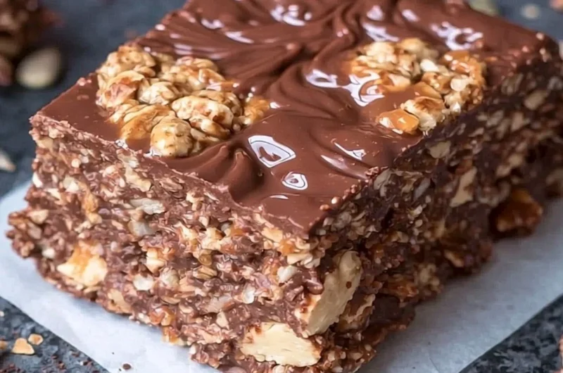 Homemade no bake keto chocolate crunch bars on a wooden table