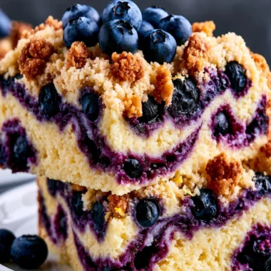 Slice of cozy lemon blueberry cake with fresh blueberries on top
