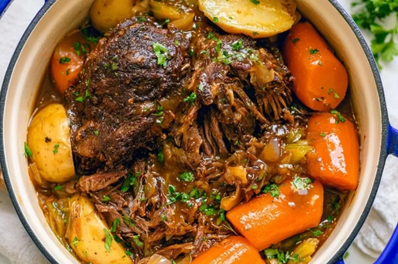 Delicious and hearty cozy pot roast served with vegetables