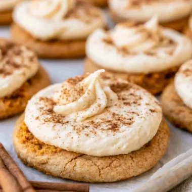 Cozy pumpkin cookies with cream cheese frosting on a rustic plate