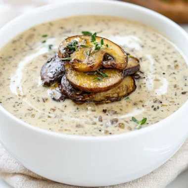 Bowl of creamy, cozy cream of mushroom soup garnished with fresh herbs
