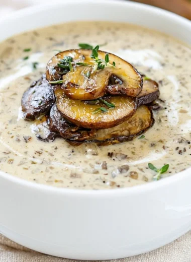 Bowl of creamy, cozy cream of mushroom soup garnished with fresh herbs