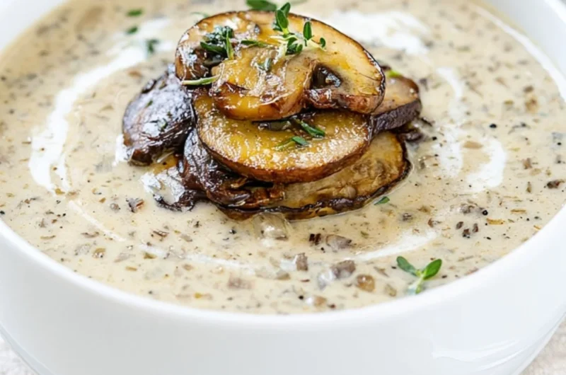 Bowl of creamy, cozy cream of mushroom soup garnished with fresh herbs