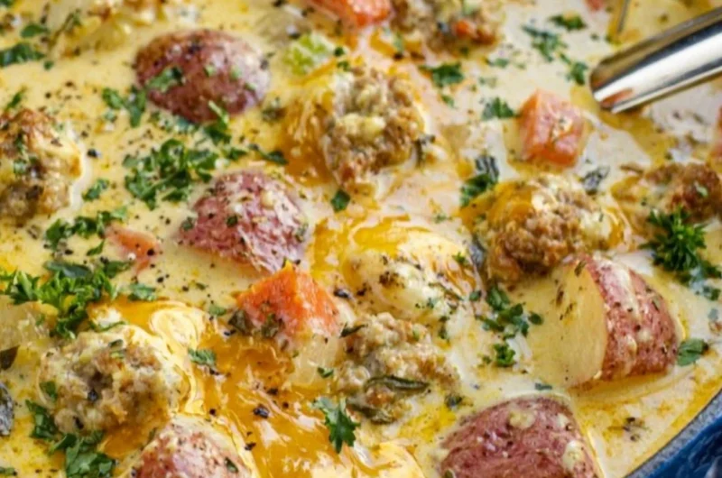 Bowl of creamy sausage potato soup garnished with herbs