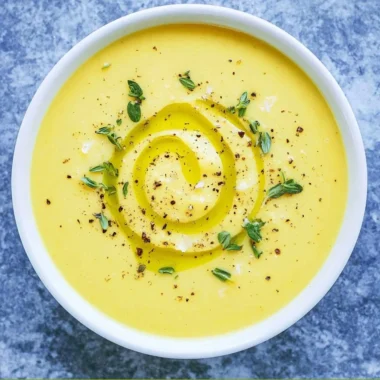 Bowl of creamy summer squash soup garnished with herbs