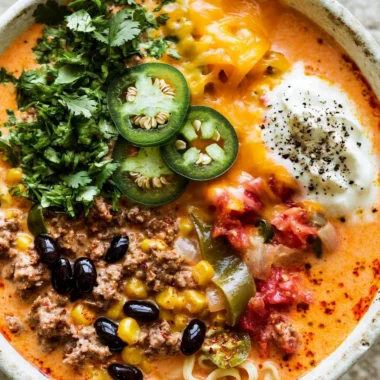 Bowl of creamy taco soup topped with cheese and cilantro, showcasing a delicious recipe.