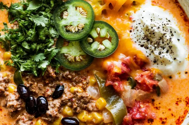 Bowl of creamy taco soup topped with cheese and cilantro, showcasing a delicious recipe.