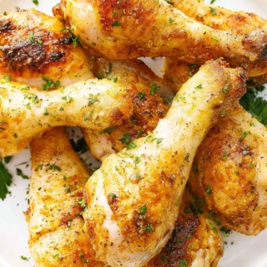 Crispy baked chicken legs drumsticks on a serving platter with herbs
