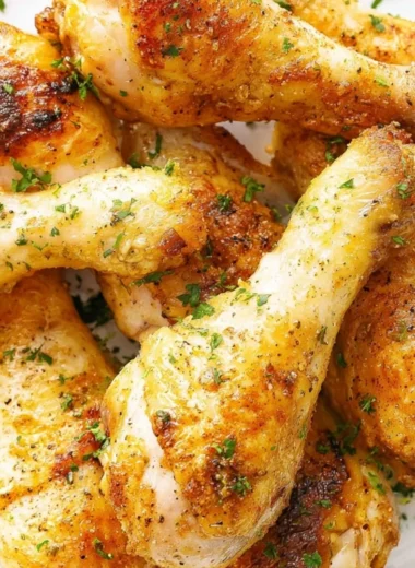 Crispy baked chicken legs drumsticks on a serving platter with herbs