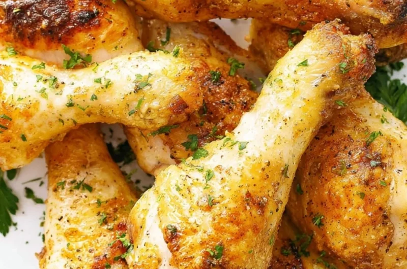 Crispy baked chicken legs drumsticks on a serving platter with herbs