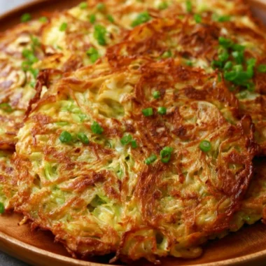 Delicious crispy cabbage pancakes served on a wooden plate.