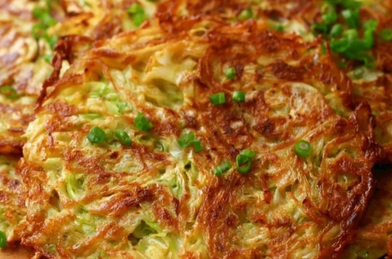 Delicious crispy cabbage pancakes served on a wooden plate.