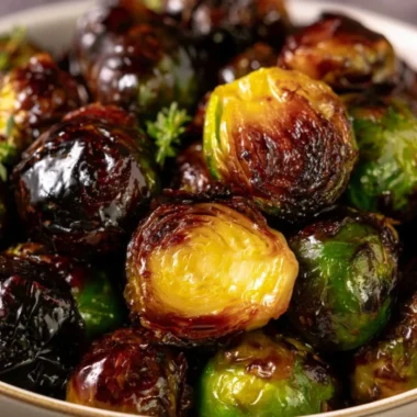 Crispy Honey Balsamic Brussels Sprouts garnished with herbs