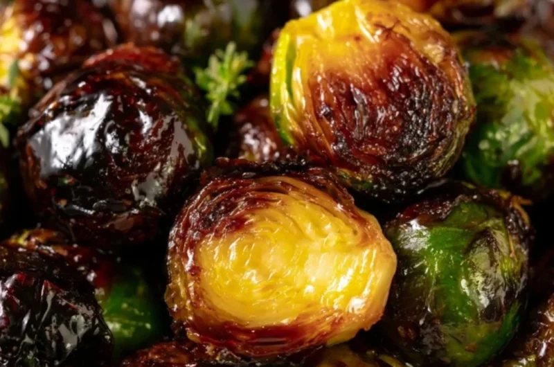 Crispy Honey Balsamic Brussels Sprouts garnished with herbs