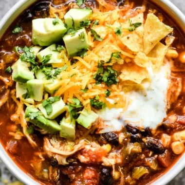 A bowl of hearty Crockpot chicken enchilada soup garnished with cilantro and cheese