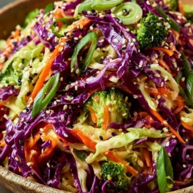 Crunchy Asian Cabbage Salad garnished with fresh vegetables and sesame seeds.