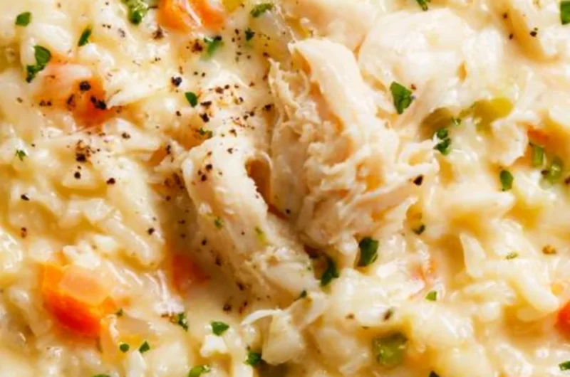 A bowl of creamy chicken rice soup garnished with herbs.