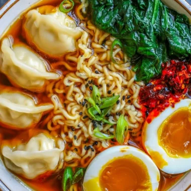 A steaming bowl of Dumpling Ramen topped with fresh herbs and vegetables