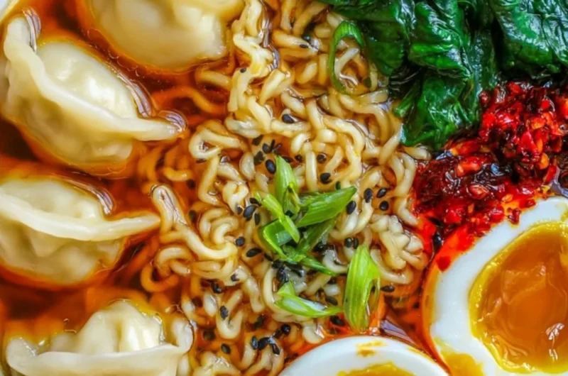 A steaming bowl of Dumpling Ramen topped with fresh herbs and vegetables