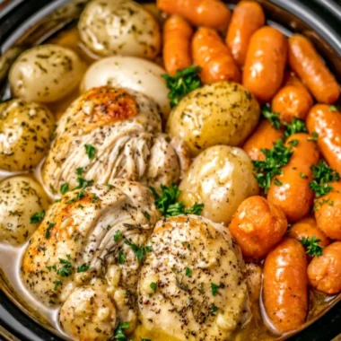 Easy crockpot garlic herb chicken with veggies for a cozy meal