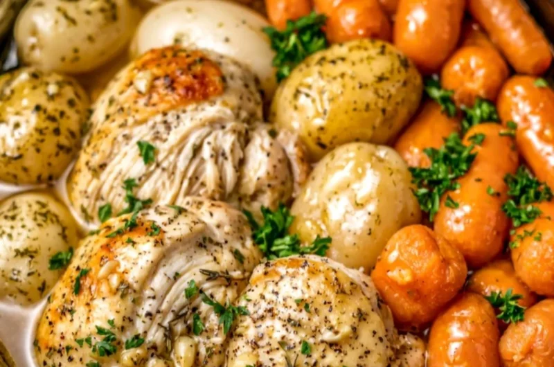 Easy crockpot garlic herb chicken with veggies for a cozy meal