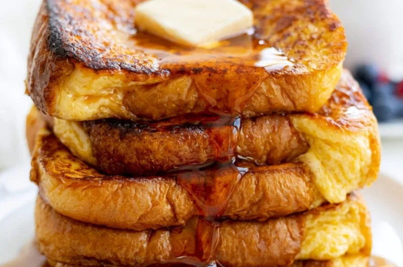 Deliciously cooked Easy French Toast with syrup and berries on a plate