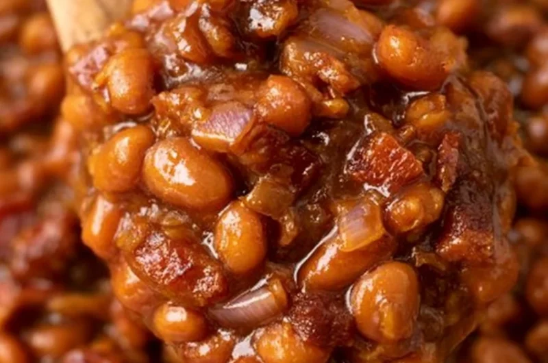 Delicious Easy Ultimate Baked Beans ready to serve on a table.