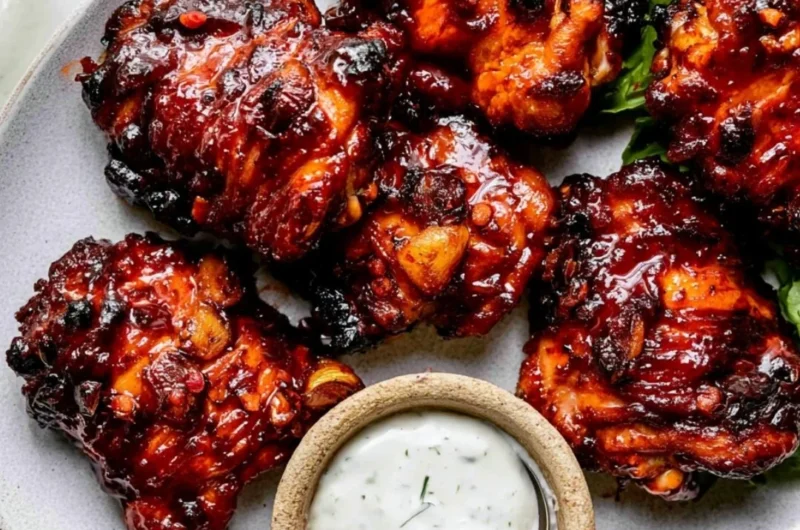 Plate of Honey Harissa Chicken garnished with herbs and served with vegetables