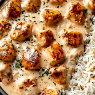 Creamy smothered chicken served with rice on a plate, a delicious comfort food dish.