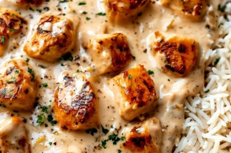 Creamy smothered chicken served with rice on a plate, a delicious comfort food dish.