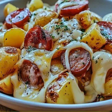 Cheesy ranch potatoes baked with smoked sausage for a delicious meal