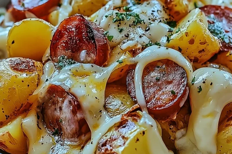 Cheesy ranch potatoes baked with smoked sausage for a delicious meal