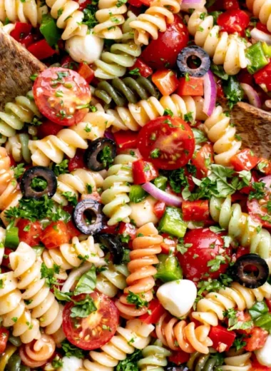 Delicious Italian Pasta Salad with colorful veggies and dressing