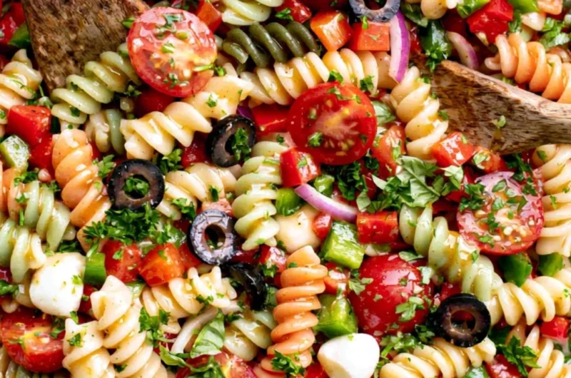 Delicious Italian Pasta Salad with colorful veggies and dressing