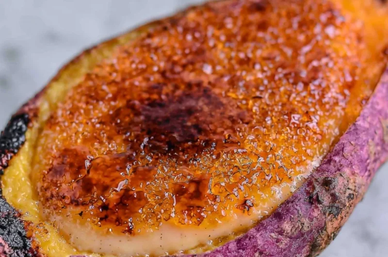 Delicious Japanese Sweet Potato Crème Brûlée with a caramelized sugar top