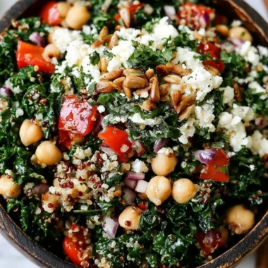 Kale Quinoa and Chickpea Salad with fresh vegetables and a lemon dressing