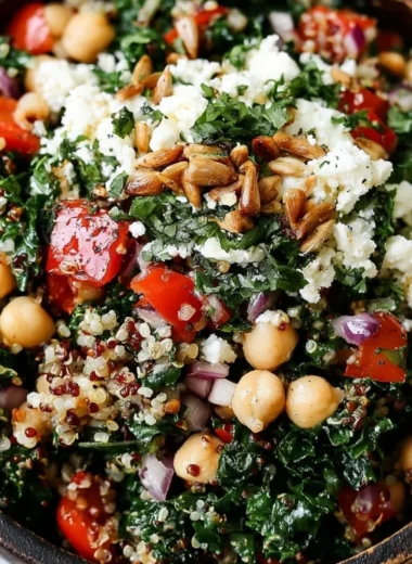 Kale Quinoa and Chickpea Salad with fresh vegetables and a lemon dressing