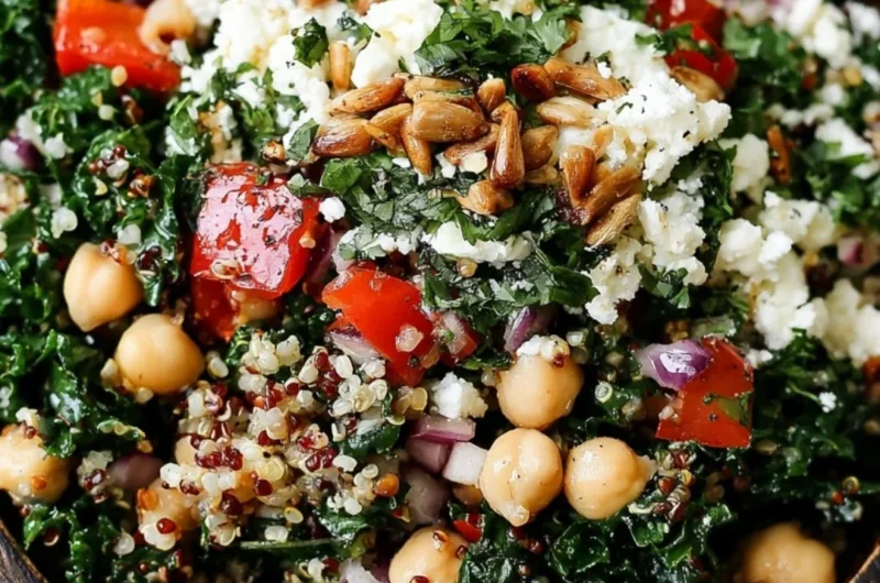 Kale Quinoa and Chickpea Salad with fresh vegetables and a lemon dressing