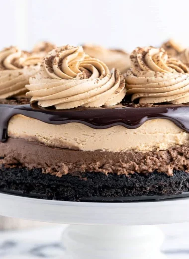 Delicious mocha cheesecake topped with chocolate and coffee flavors