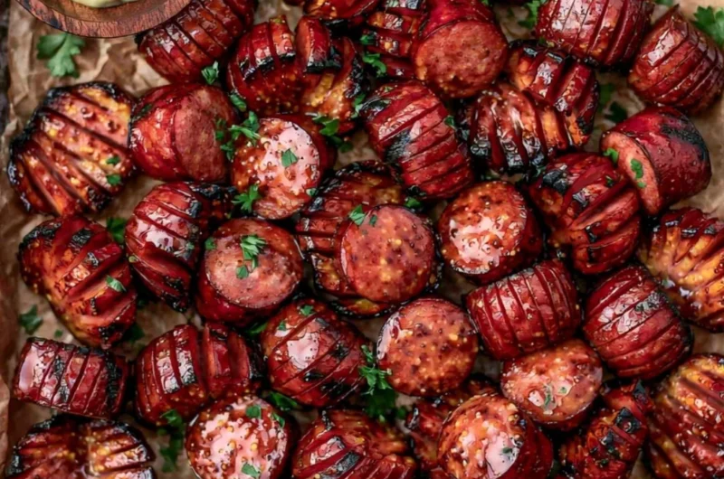Mustard Hasselback Kielbasa Bites ready to serve as a delicious appetizer.