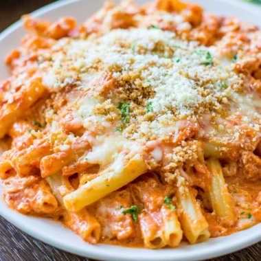 A delicious serving of Olive Garden-style Five Cheese Baked Ziti on a plate