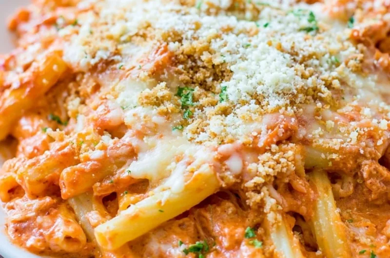 A delicious serving of Olive Garden-style Five Cheese Baked Ziti on a plate