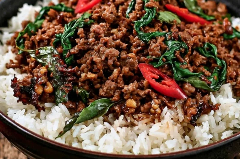 Delicious Thai Basil Beef Stir-Fry with vibrant vegetables and aromatic herbs