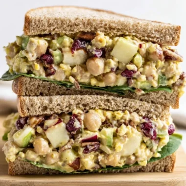 Vegan cranberry apple chickpea salad sandwich on a plate