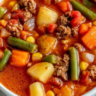 Bowl of hearty Vegetable Beef Soup with fresh vegetables and tender beef