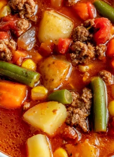 Bowl of hearty Vegetable Beef Soup with fresh vegetables and tender beef