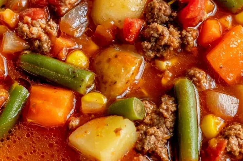 Bowl of hearty Vegetable Beef Soup with fresh vegetables and tender beef