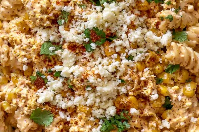Zesty Mexican street corn chicken pasta salad in a colorful bowl