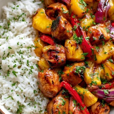 Delicious Hawaiian Chicken sheet pan meal with colorful veggies and tropical flavors