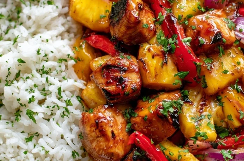 Delicious Hawaiian Chicken sheet pan meal with colorful veggies and tropical flavors
